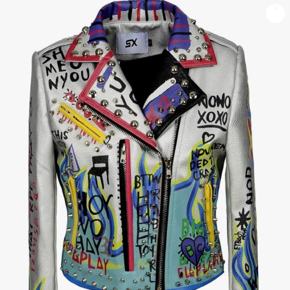 Punk Faux Leather Short Jacket Graffiti Studded Biker Motorcycle Jacket Size XS - Picture 1 of 12